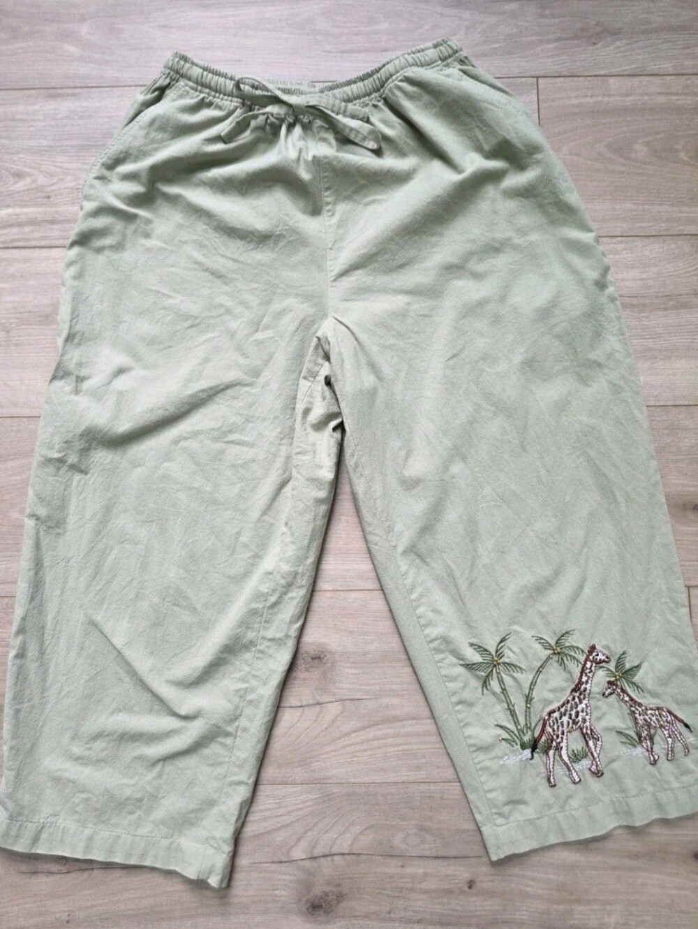 Jane Ashley Light Sage Green Drawstring Jogger Pants with Giraffe Embroidery